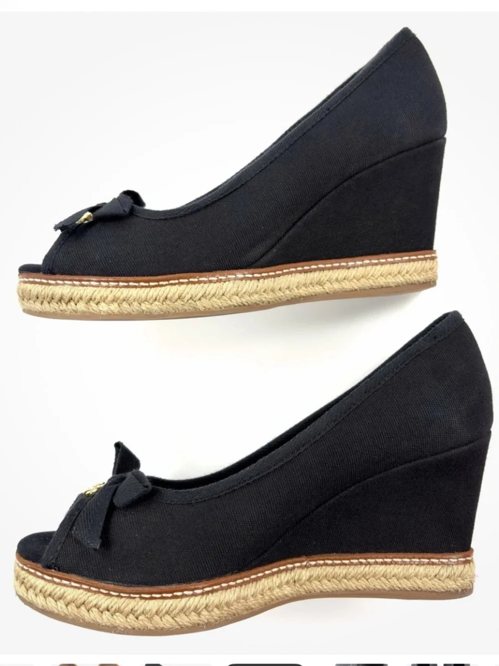 Tory Burch Jackie Espadrille Wedge Pumps Black Canvas Peep Toe Bow Size 8